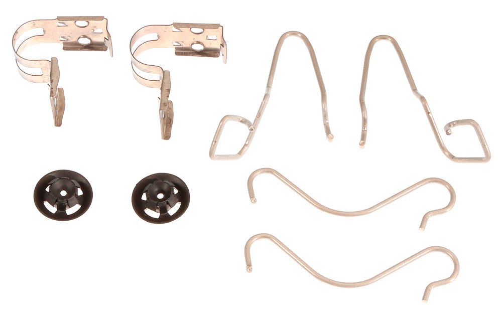Triscan tilbehørssæt # 8140 291237 som skal anvendes ved montering af håndbremsekabel på VW UP, Skoda Citigo og Seat Mii, indeholder 2 clips, 2 låseskiver og 3 forskellige typer kroge – i alt 8 dele.